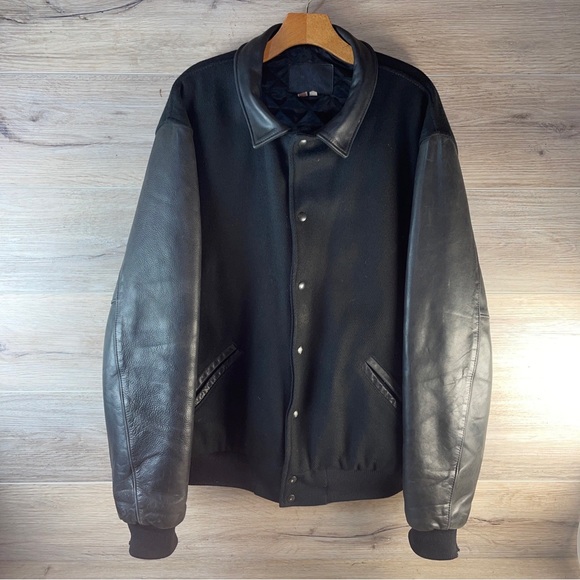 Vintage 90s Black 100% Leather & Wool Letterman Jacket Made in USA Mens XL Long - Picture 2 of 16
